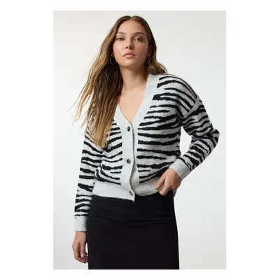 Trendyol Gray Soft Texture Zebra Patterned Knitwear Cardigan