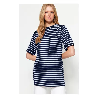 Trendyol Navy Blue Striped Slit Detail Oversize/Wide Pattern Crew Neck Knitted T-Shirt