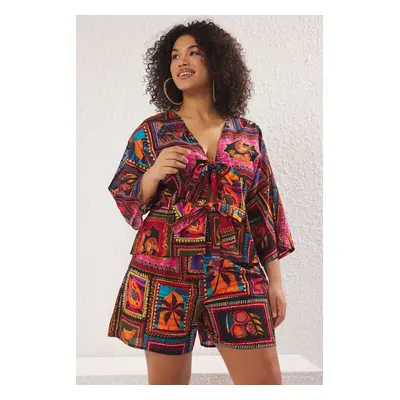 Trendyol Curve Multicolored Tropical Patterned Tie Detail Beachwear Plus Size Top-Bottom Set