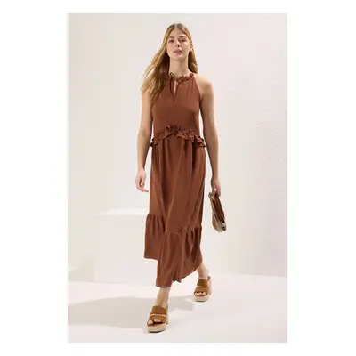 Trendyol Brown Plain Skirt Waist Opening Flounce / Ruffle Maxi Woven Dress