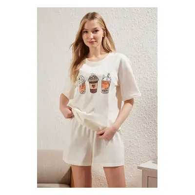 Trendyol Ecru 100% Cotton Coffee Printed Knitted Pajama Set with Shorts