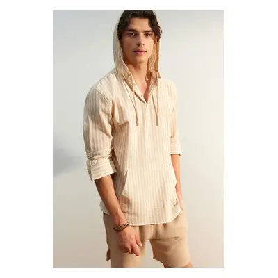 Trendyol Beige Oversize Fit Textured Hooded Shirt