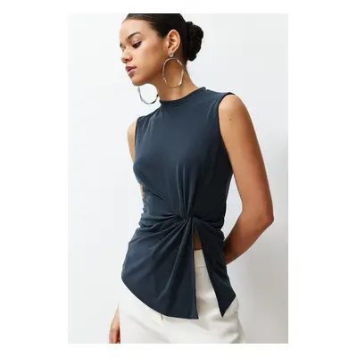 Trendyol Anthracite High Collar Knitted Blouse with Ruffle and Slit Detail