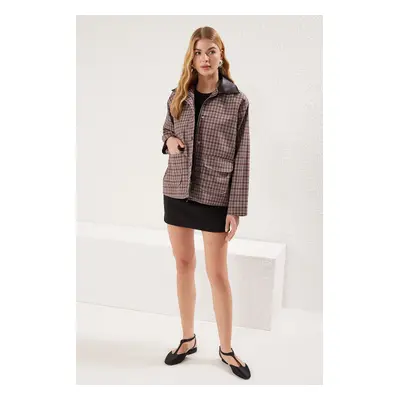 Trendyol Multicolored Petti Square Patterned Faux Leather Collar Detail Oversize Jacket Coat