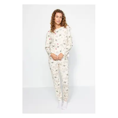 Trendyol Cream 100% Cotton Christmas Themed Knitted Pajamas Set