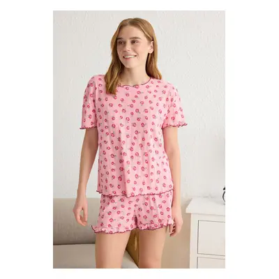 Trendyol Pink Floral Ruffle Camisole Knitted Pajama Set