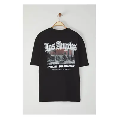 Trendyol Black Oversize/Wide Cut 100% Cotton Back Printed Los Angeles Printed T-Shirt