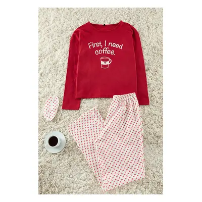 Trendyol Red Cotton Heart Slogan Printed Knitted Pajama Set