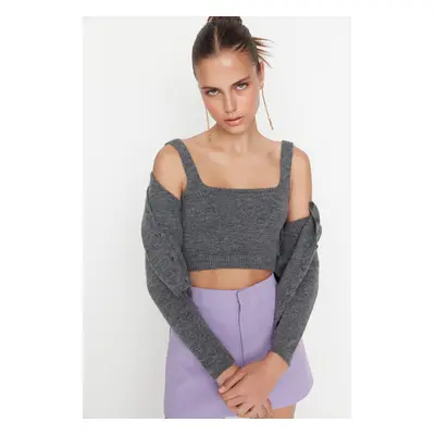 Trendyol Anthracite Crop Soft Textured Blouse-Cardigan Knitwear Set