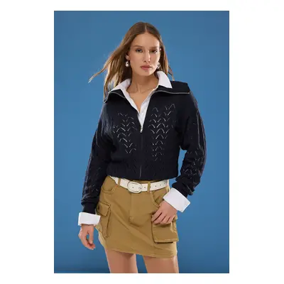 Trendyol Navy Blue Turn-down Collar Openwork Knitwear Cardigan