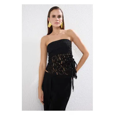 Trendyol Black Straight Strapless Sleeveless Knitted Lace Stylish/Night Blouse