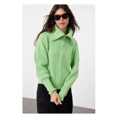 Trendyol Mint Wide Cut Turn-down Collar Zippered Knitwear Cardigan