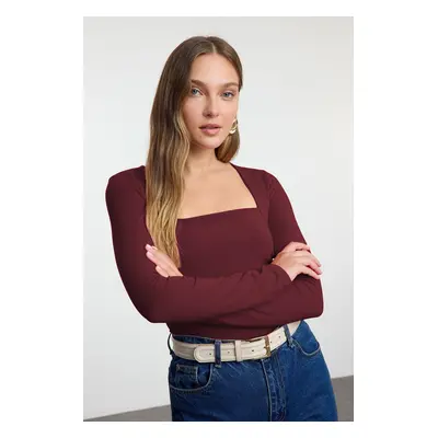 Trendyol Dark Burgundy Square Neck Gathered/Drape Detailed Slim/Fits Body Knitted Blouse