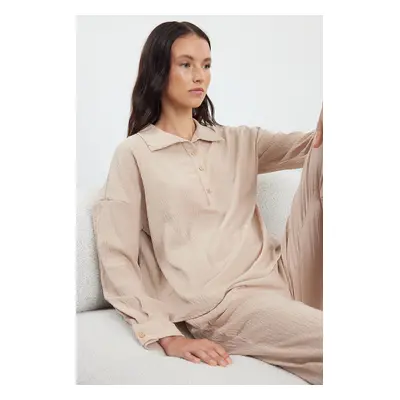 Trendyol Stone Button Detail Textured Viscose Woven Pajama Set