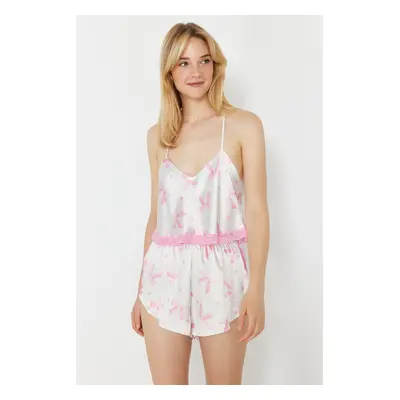 Trendyol Pink Ribbon/Bow Patterned Lace Rope Strap Crop Satin Shorts Woven Pajama Set