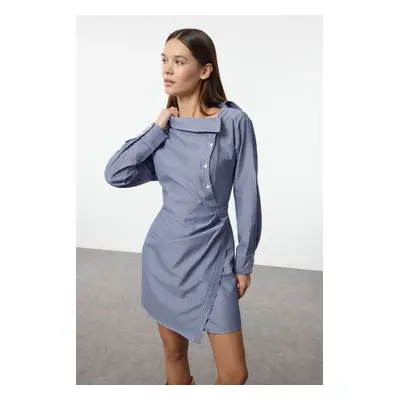 Trendyol Blue Belted Striped Asymmetric Collar Mini Woven Shirt Dress