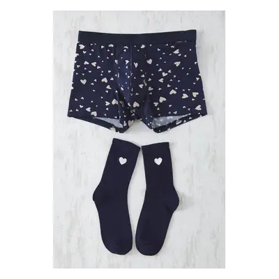 Trendyol Navy Blue Heart Patterned Valentine's Day Gift Socks-Boxers Underwear Set