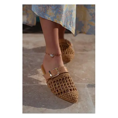 NİŞANTAŞI SHOES Best Taba Knitted Belt Detail Flat Sole Women's Slippers