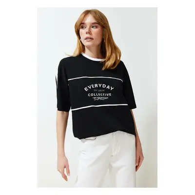 Trendyol Black 100% Cotton Color Block Slogan Oversize/Wide Fit Knitted T-Shirt