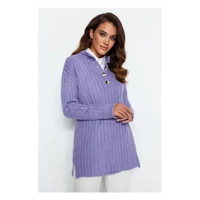 Trendyol Lilac Collar Buttoned Ribbed Knitwear Sweater