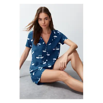 Trendyol Navy Blue Animal Patterned Viscose Shorts Woven Pajama Set