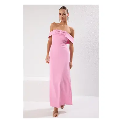 Trendyol Pink Straight Straight Cut Bow Woven Finike Maxi Evening Dress & Homecoming Dress