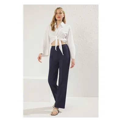 Trendyol Navy Blue Waist Belt Detail Wide Leg Woven Trousers