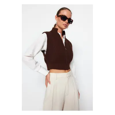 Trendyol Brown Crop Zipper Základní pletený svetr