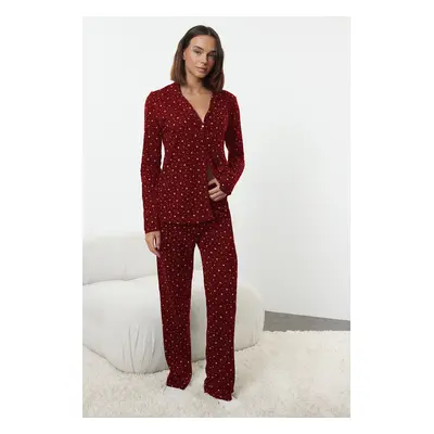 Trendyol Claret Red 100% Cotton Galaxy Patterned Knitted Pajama Set