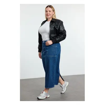 Trendyol Curve Blue More Sustainable Pocket Detail Plus Size Midi Denim Skirt