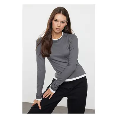 Trendyol Anthracite Color Block Fitted Viscose/Soft Fabric Stretchy Knitted Blouse