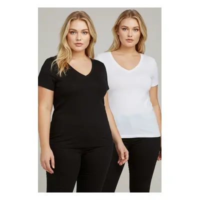 Trendyol Curve Black-White 2-Pack Basic V-Neck 100% Cotton Knitted Plus Size T-Shirt