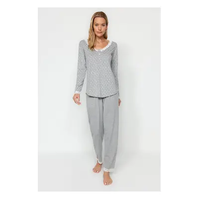 Trendyol Gray Polka Dot Lace T-shirt-Pants Knitted Pajama Set