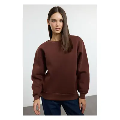 Trendyol Brown Thick Polar Fleece Regular/Normal Pattern Crew Neck Basic Knitted Sweatshirt