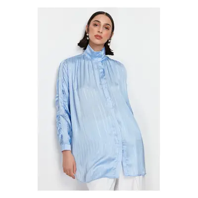 Trendyol Blue Glitter Striped Sleeve Gathered Woven Shirt