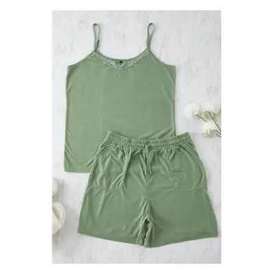 Trendyol Curve Dark Mint Lace Detail Lace-up Camisole Knitted Pajama Set