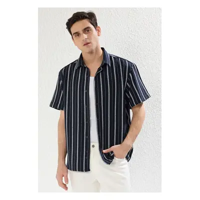 Trendyol Navy Blue Oversize Fit Short Sleeve Striped Etamine Summer Shirt