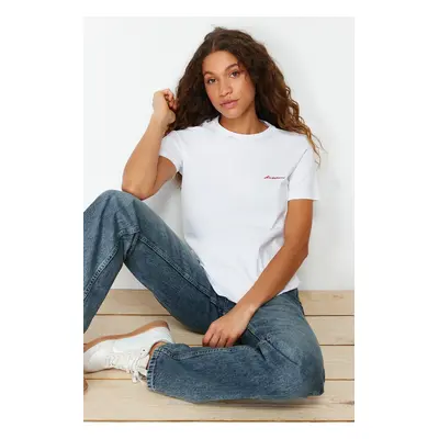 Trendyol White 100% Cotton Motto Embroidered Regular Fit Knitted T-Shirt