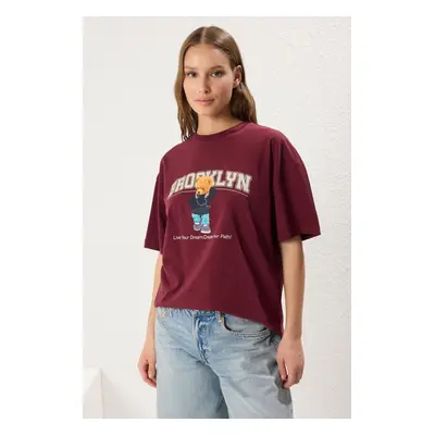 Trendyol Claret Red 100% Cotton Printed Oversize/Wide Pattern Crew Neck Knitted T-Shirt