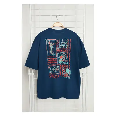 Trendyol Navy Blue Oversize/Wide Cut 100% Back Printed Short Sleeve T-Shirt