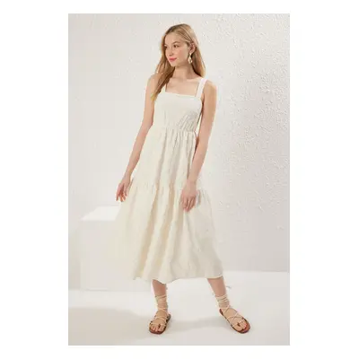 Trendyol Ecru Plain A Cut Midi Embroidered Woven Dress