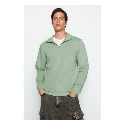 Trendyol Mint Regular/Normal Cut Stand Collar Zippered Cotton Basic Fleece Sweatshirt