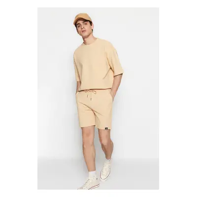 Trendyol Limited Edition Beige Regular 100% Cotton Label Detailed Textured Shorts