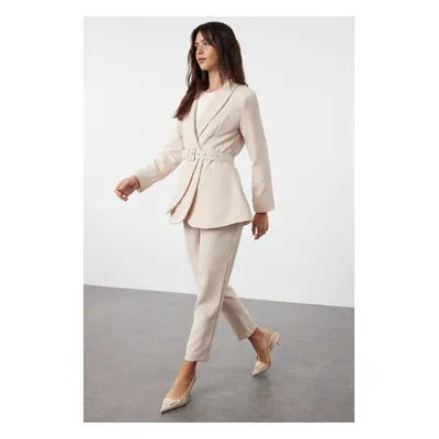 Trendyol Stone Belted Crepe Lined Jacket Trousers Woven Bottom Top Set