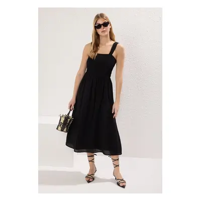 Trendyol Black Plain Skirt Waist Opening Gipel Midi Woven Dress