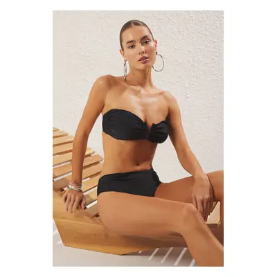 Trendyol Black*001 Plain Strapless Draped Normal Waist Bikini Set