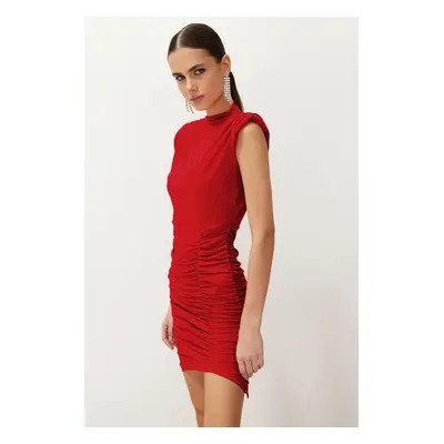 Trendyol Red Bodycon Draped Knitted Short Dress