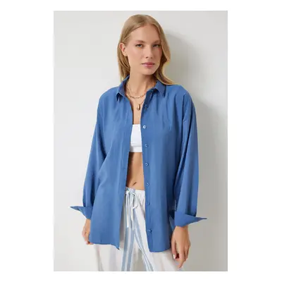 Happiness İstanbul Women's Indigo Blue Oversize Long Linen Ayrobin Shirt