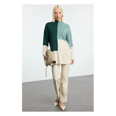 Trendyol Green Color Blocked Stand Collar Knitwear Sweater