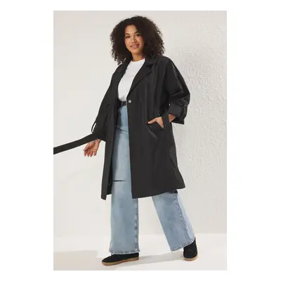 Trendyol Curve Black Long Oversize Plus Size Trench Coat